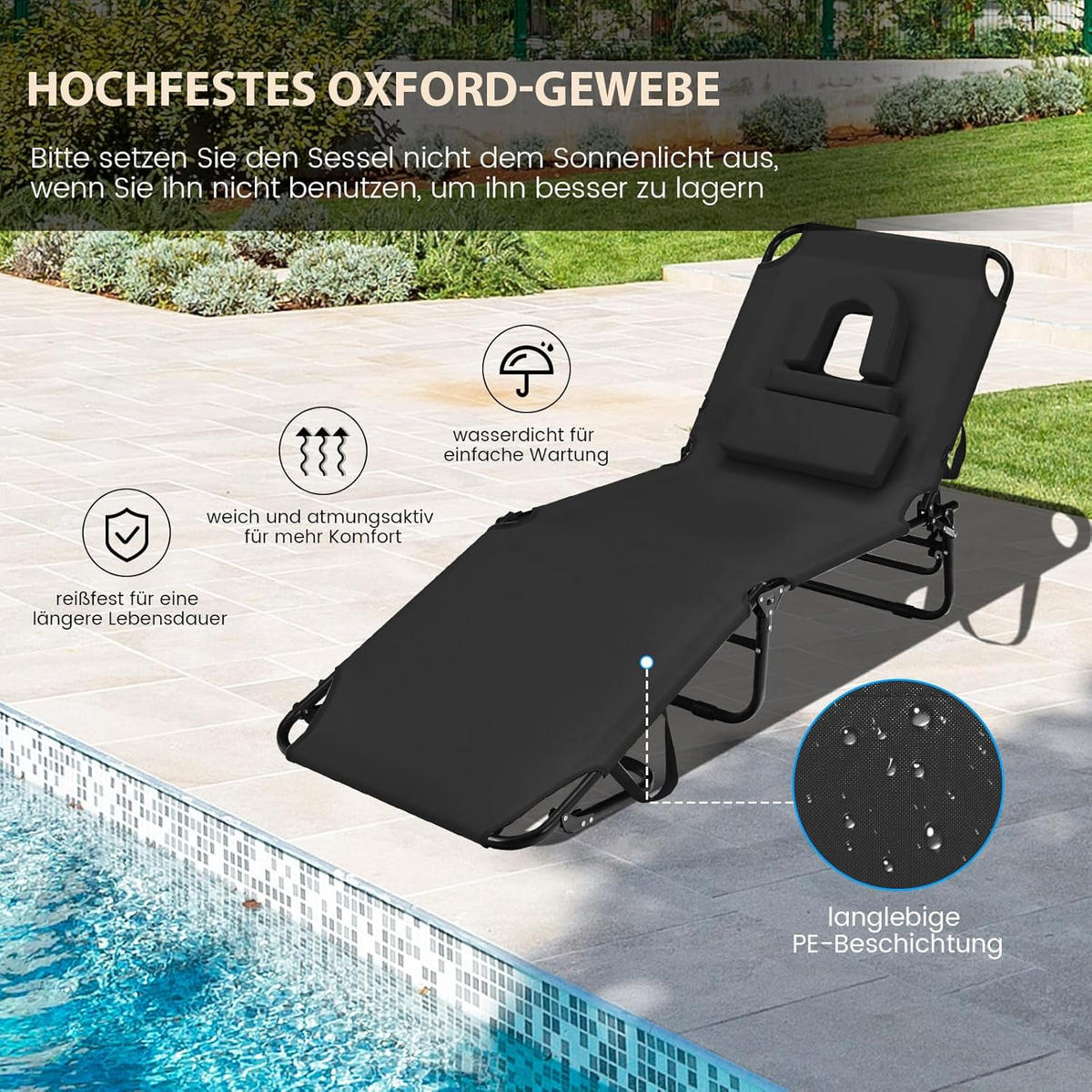 SONNENLIEGEN Schwarz - Schwarz, Metall (63/30/194cm) - COSTWAY