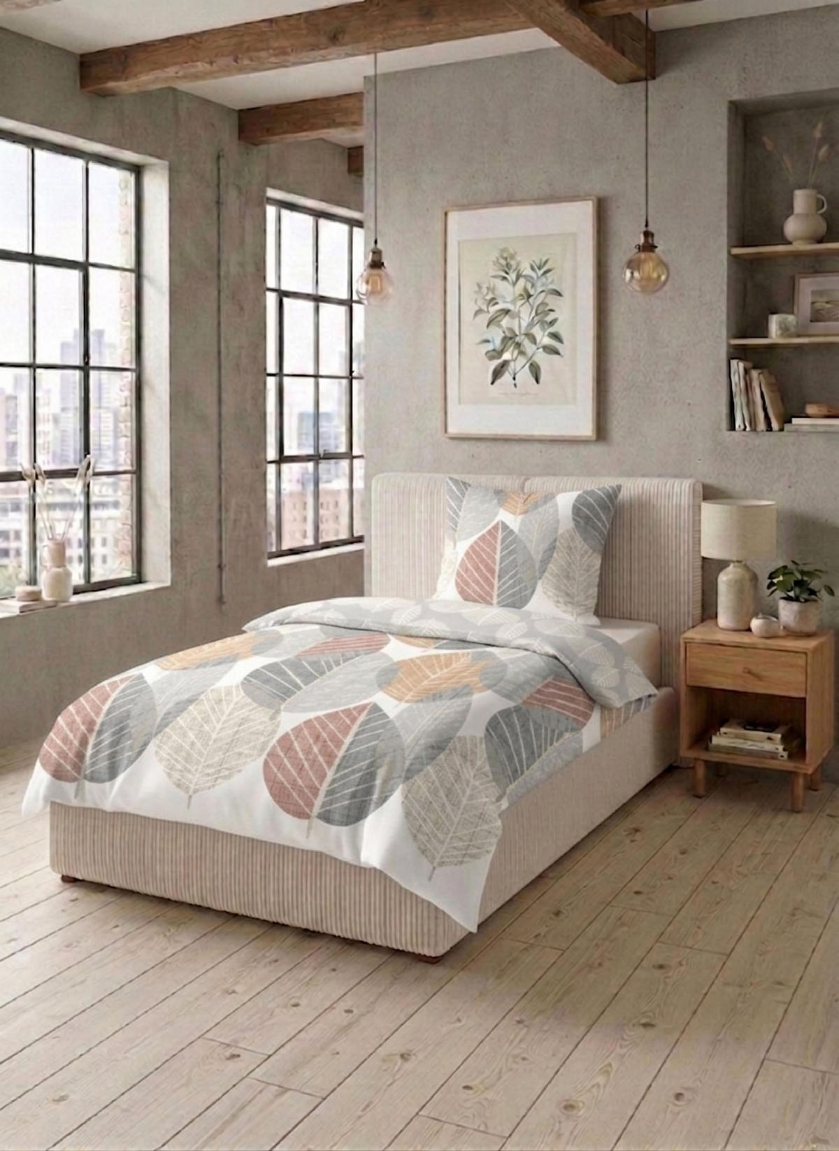 BETTWÄSCHE-GARNITUR Premium Biber Blätter Groß natur, 135x200 cm + 80x80 cm - Naturfarben, Textil (135/200cm) - biberna