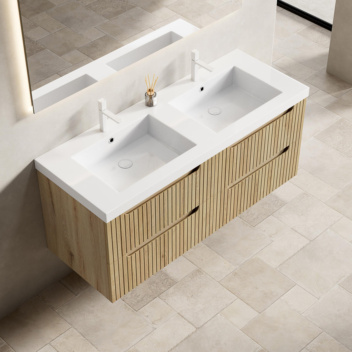 WASCHTISCHKOMBI 120x46x53cm Weiß/Weißeiche mit Kunststeinbecken & 4 Schubladen - Eichefarben, Kunststoff (120/53/46cm) - Modfu