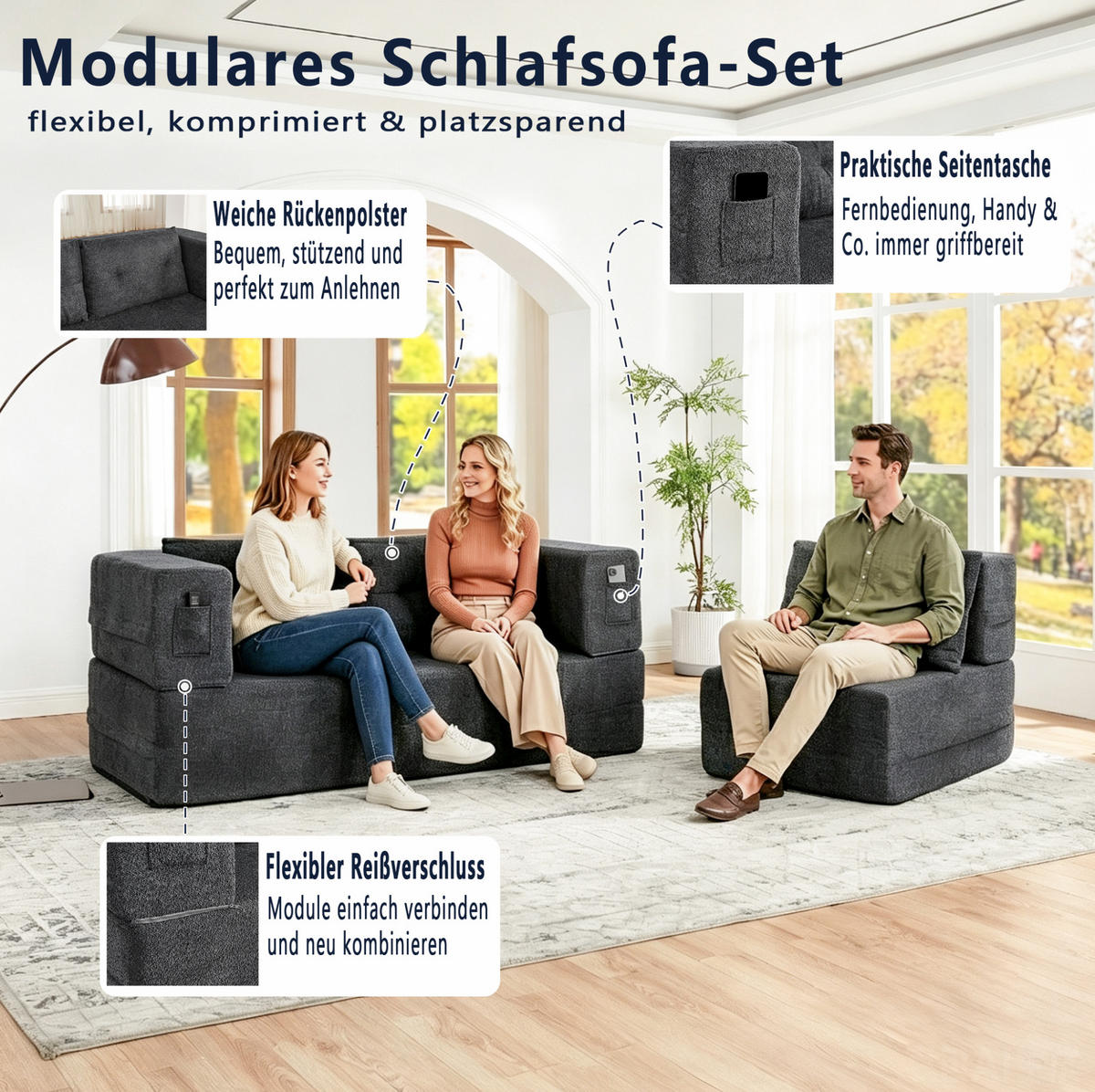 SCHLAFSOFA klappbar mit modularem Sessel, Memory-Schaum und Seitentaschen, Dunkelgrau - Dunkelgrau, Textil (199/39/194cm) - Redom