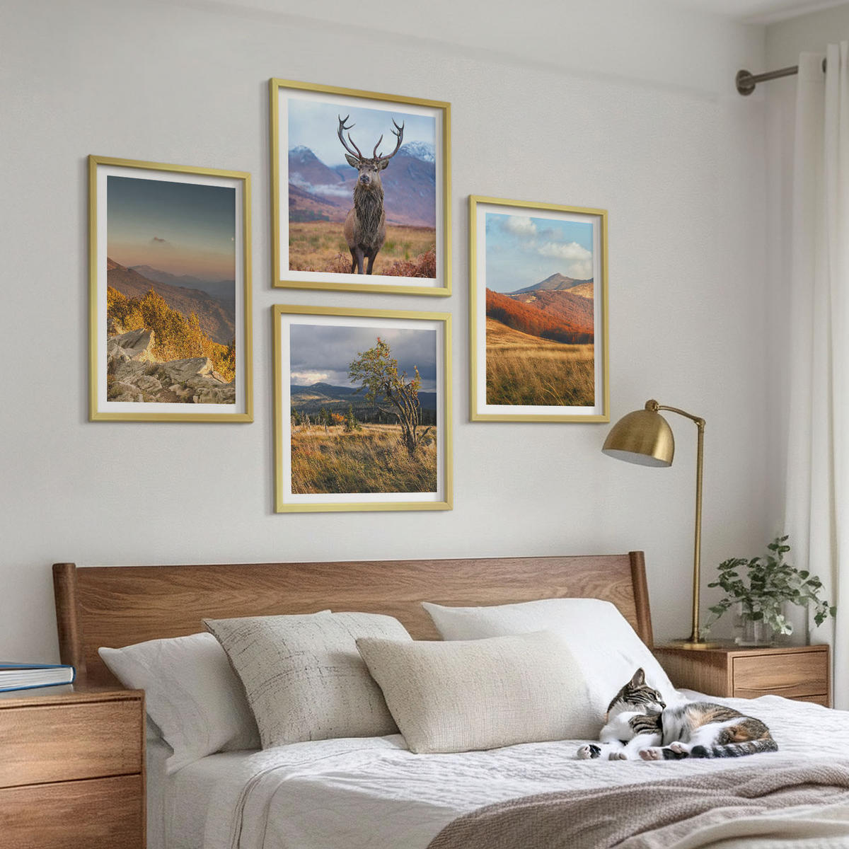 BILDER SET 4er Set - 50x50 cm & 40x60 cm Goldrahmen - Berglandschaften, Hirschgras - Goldfarben, Kunststoff (50/50cm) - TULUP