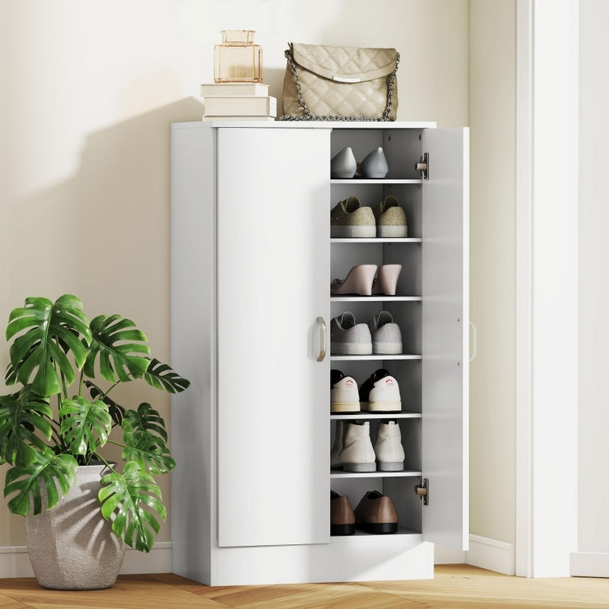SCHUHSCHRANK 55/35/108 cm mit verstellbaren Regalen, Dämpfungsscharnieren und Kippschutz, Weiß - Weiß, Holz (55/108/35cm) - Redom