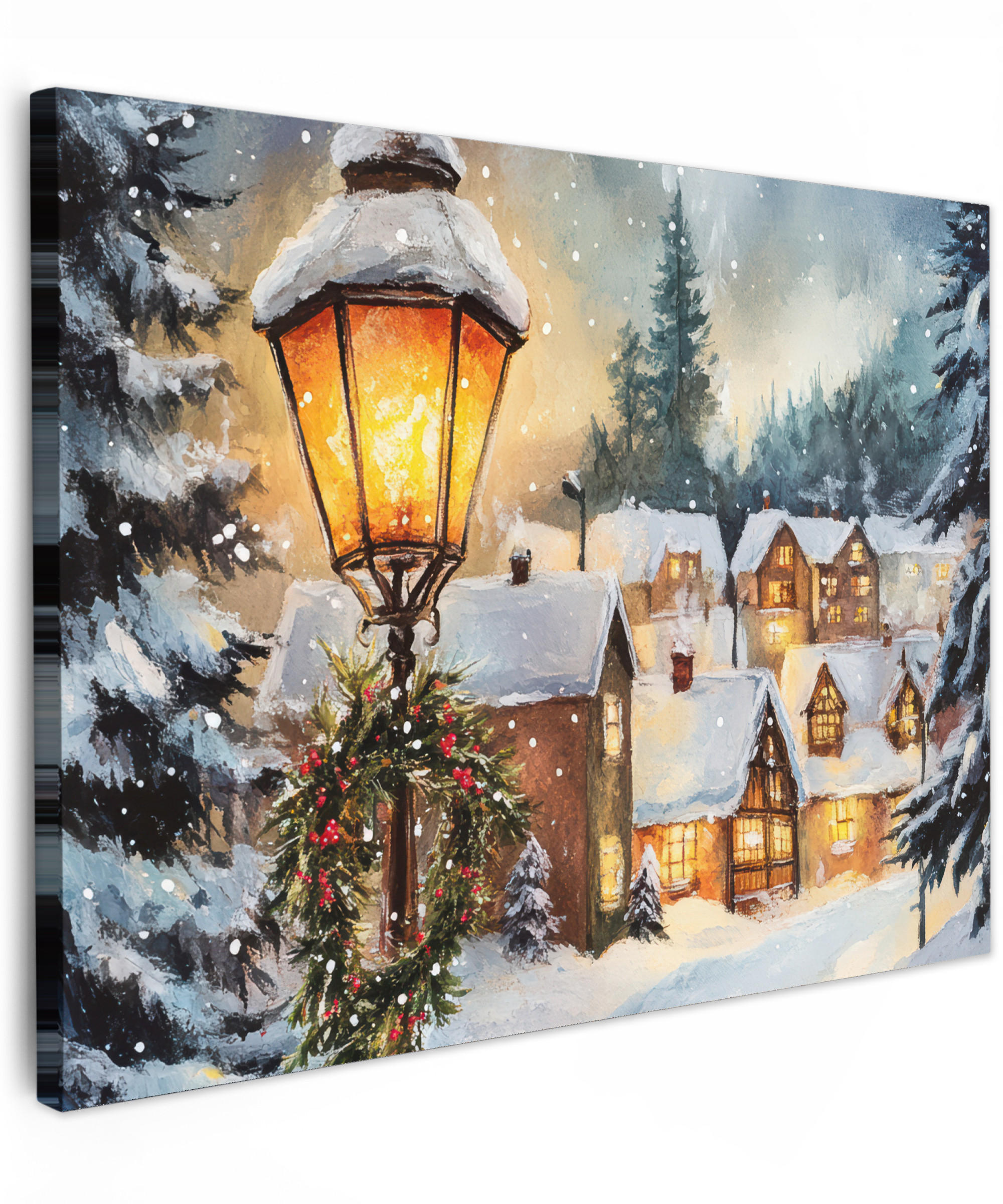 LEINWANDBILD Weihnachtsdorf - Häuser - Schnee - Weihnachten 40x30 cm - Sandfarben, Textil (40/30cm) - MuchoWow