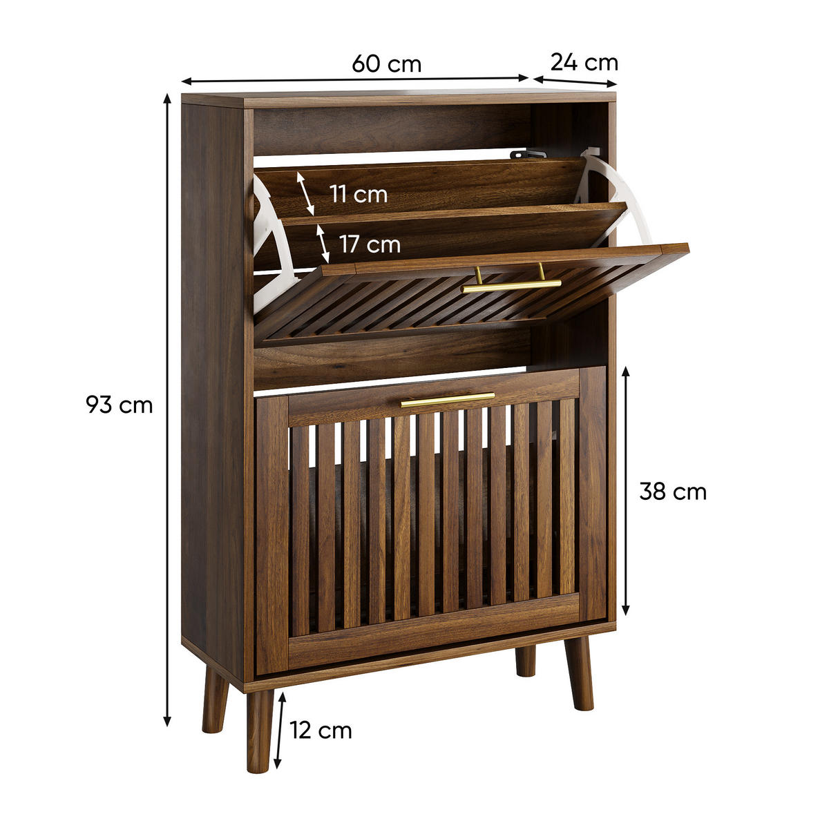 SCHUHSCHRANK 60 cm mit 2 Klappen, offenem Ablagefach und Kippschutz im Landhaus-Design, Walnussfarben - Walnussfarben, Holzwerkstoff (60/93/24cm) - Redom