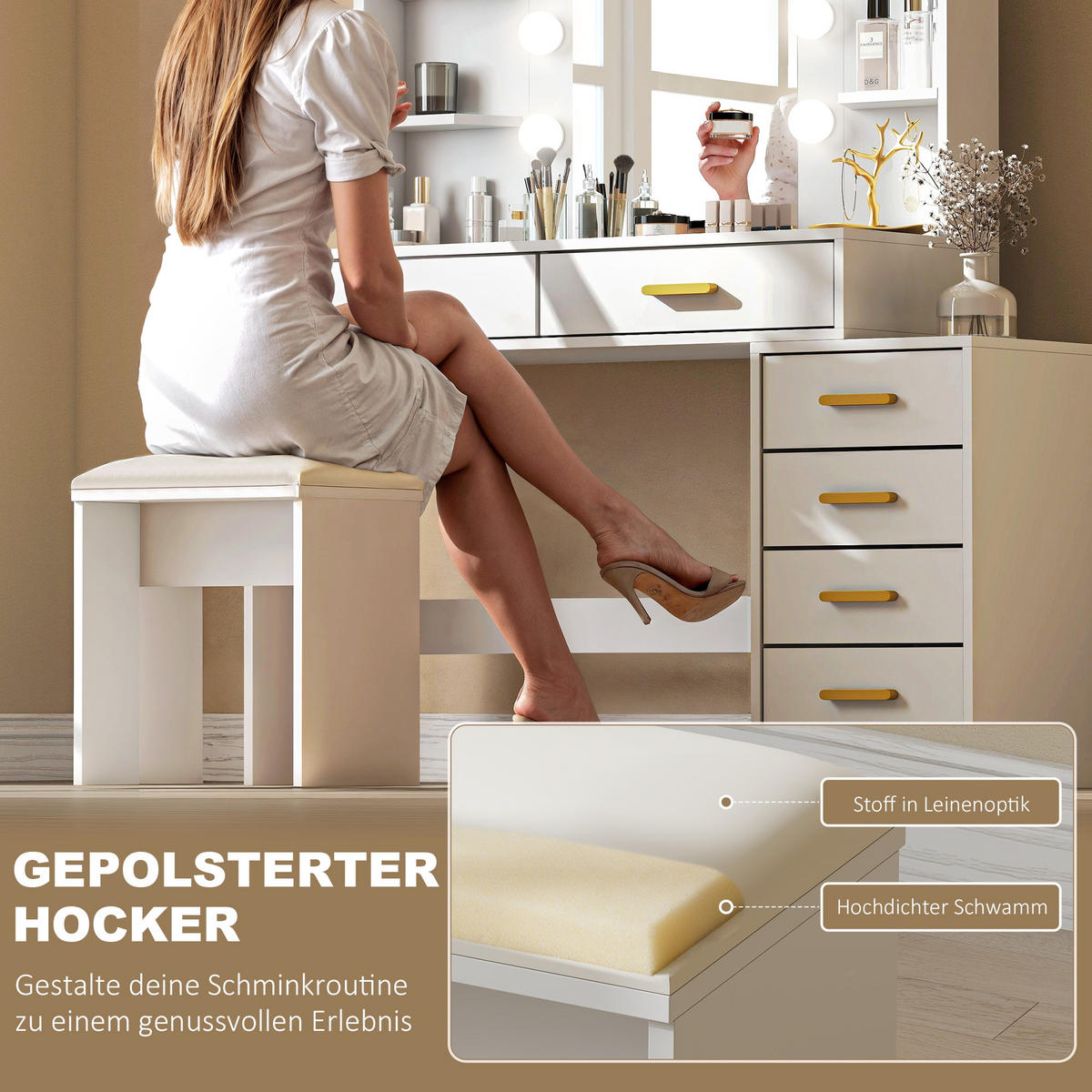 SCHMINKTISCH mit Hocker MDF Glas Weiß - Goldfarben/Weiß, Holzwerkstoff/Metall (40/140/120cm) - HOMCOM