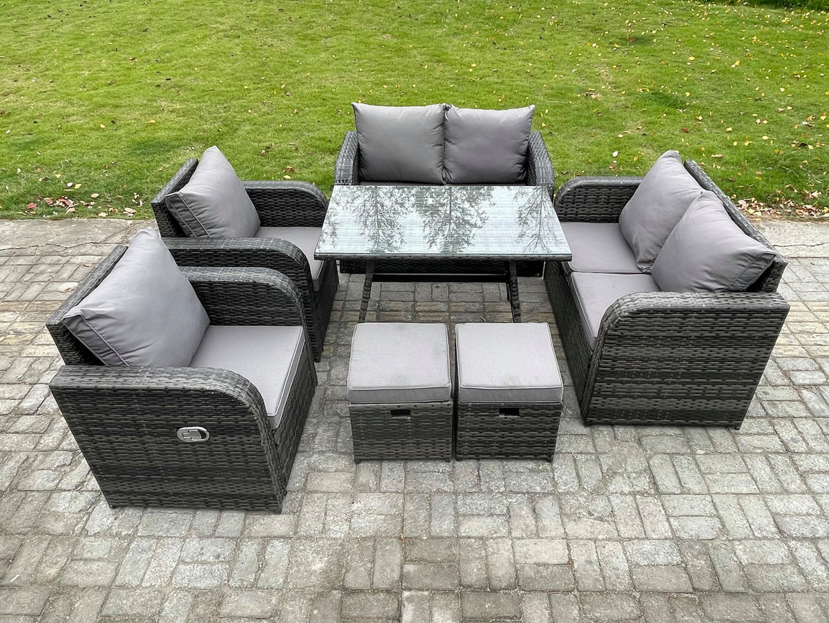 BALKONSET mit ESSTISCH SOFA Polyrattan Dunkelgrau 8-Sitzer - Dunkelgrau/Grau, Glas/Kunststoff - Fimous