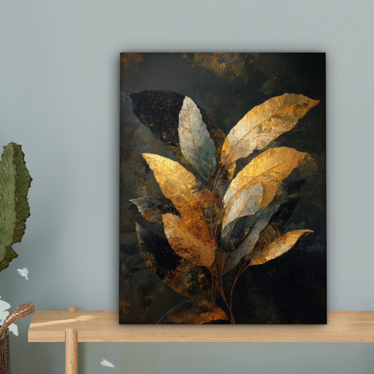 LEINWANDBILD Golden Leaf Komposition - Botanical Luxury Room Decor 30x40 cm - Goldfarben/Schwarz, Textil (30/40cm) - MuchoWow
