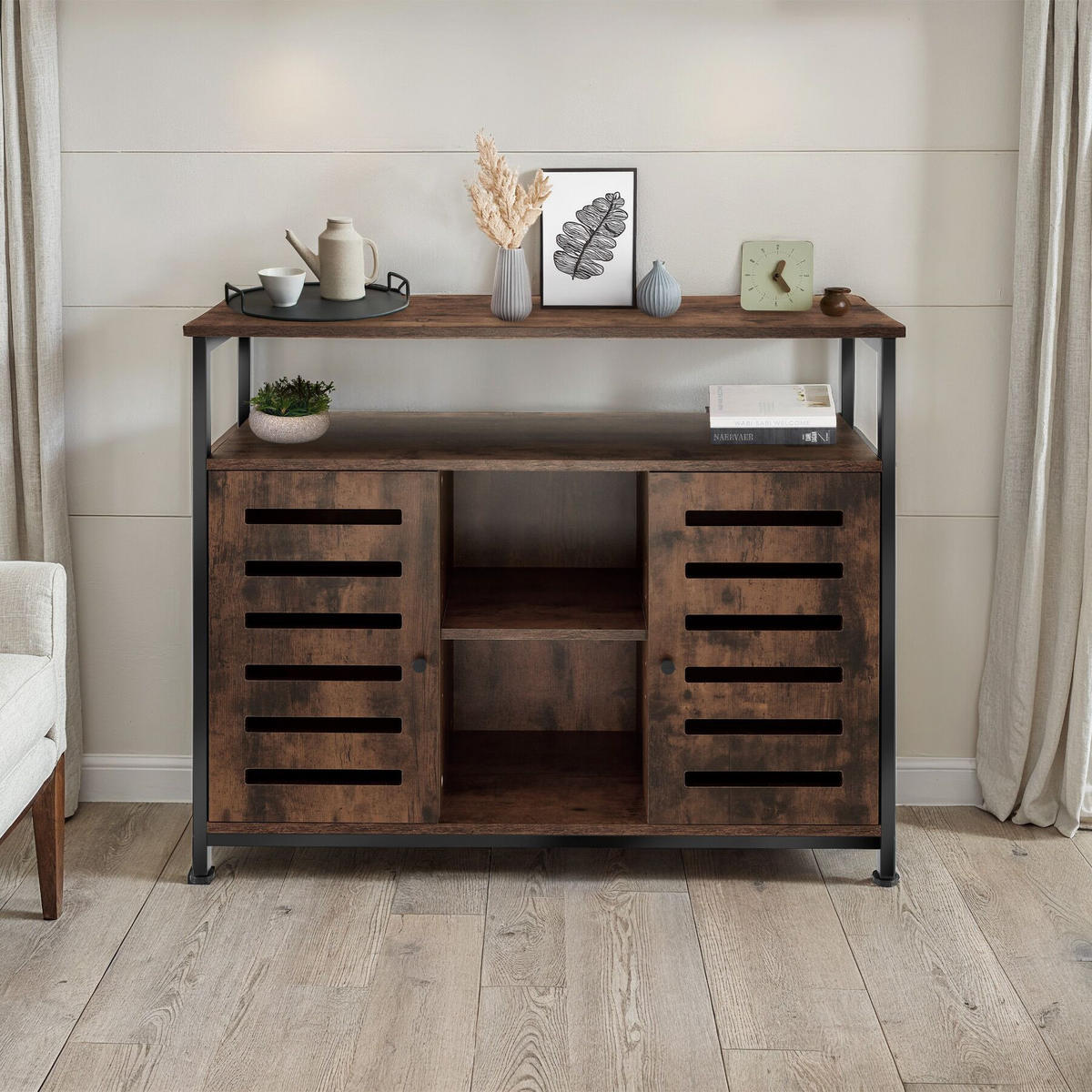 SIDEBOARD Warrington,mit höhenverstellbaren Kunststofffüßen, 100 x 37 x 82 cm,Industrial Holz dunkel, rustikal - Rostfarben, Holzwerkstoff (37/82/100cm) - tectake