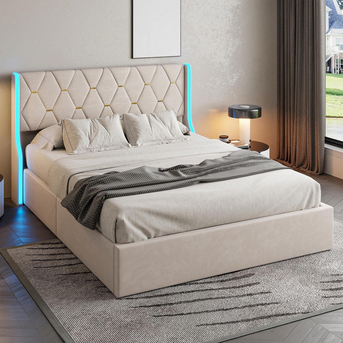 POLSTERBETT 140x200 cm mit Hydraulik-Stauraum Samt-Bezug LED-Beleuchtung an den Seitenflügeln Beige - Beige, Textil (140/200cm) - DELFA