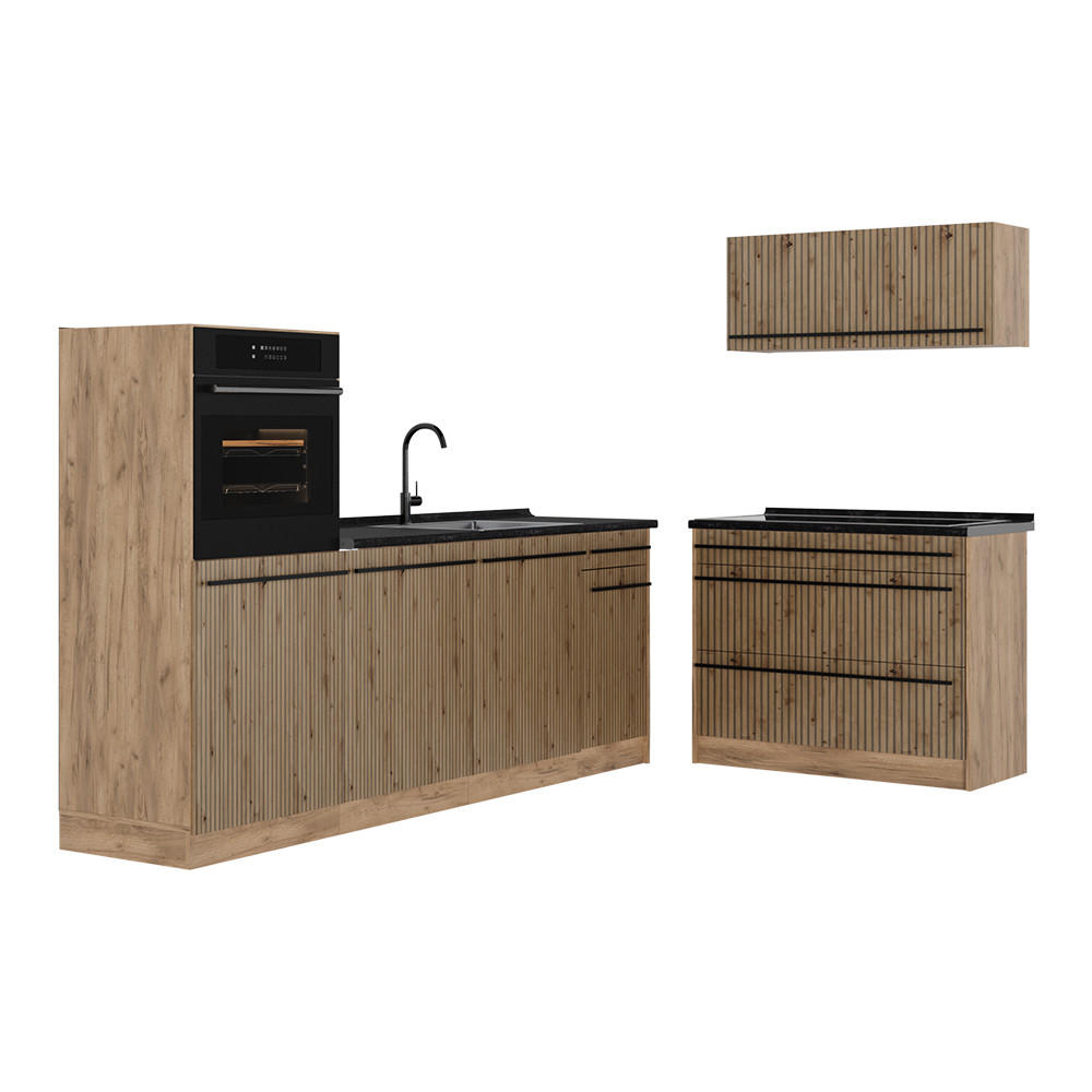 KUCHYNSKÝ KÚT R-Line, Remeselný dub/Dub Goldkraft, 220 cm antrasiitti työtaso - dub medový/dub artisan, kompozitné drevo (220/143/60cm) - Vicco