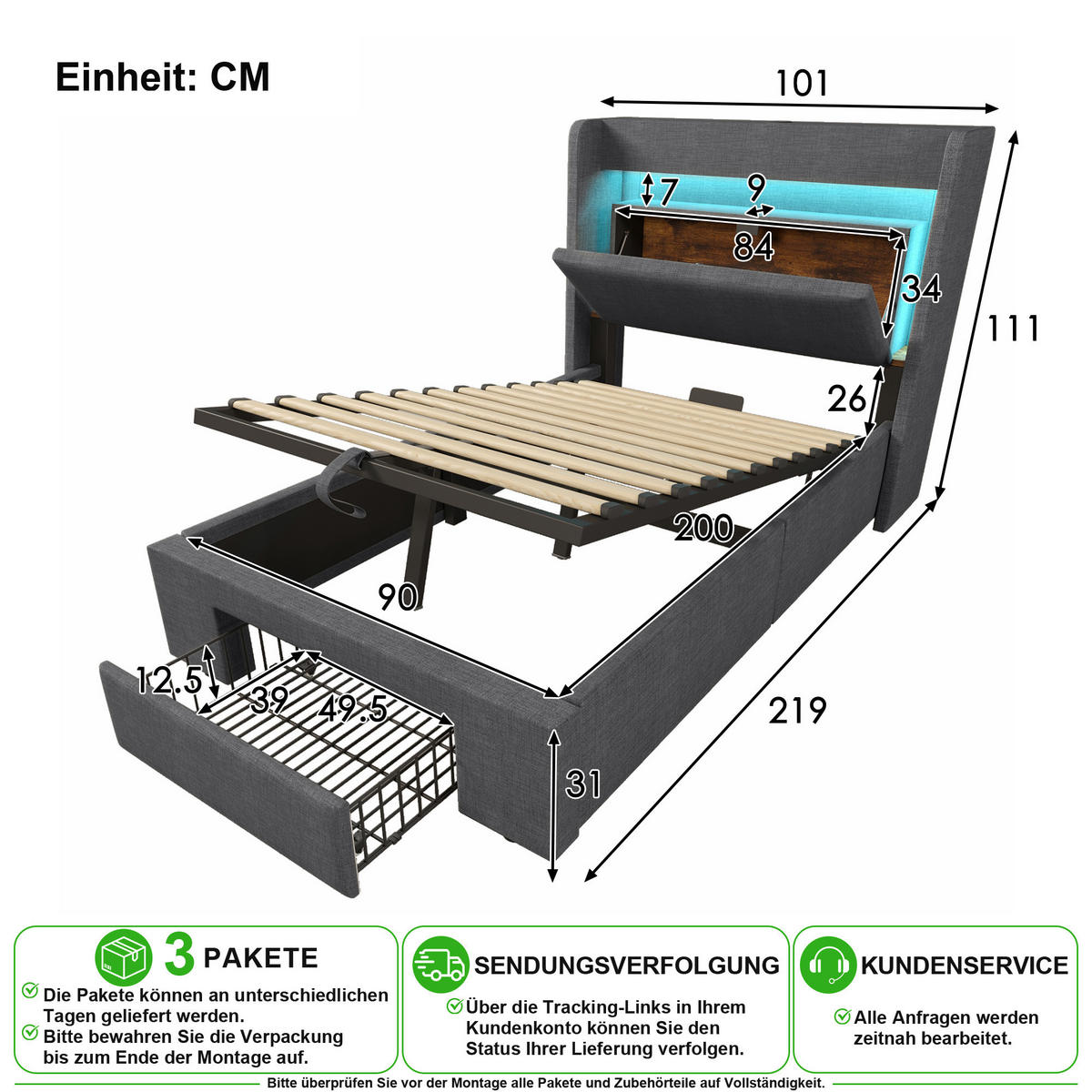 POLSTERBETT 90/200 cm in Grau Leinen mit Schublade, LED, USB und Matratze - Grau, Holzwerkstoff/Textil (90/200cm) - CHICFURN