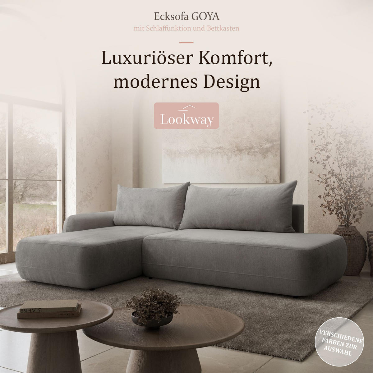 ECKSOFA GOYA mit Schlaffunktion und Bettkasten, Rechte, Perfect Harmony 85 - Hellgrau, Textil (302/184cm) - Lookway