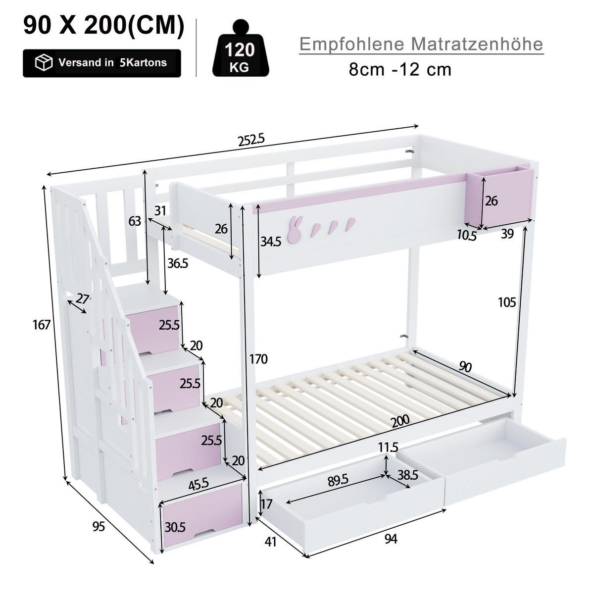 ETAGENBETT 90/200 cm in Weiß/Rosa mit Stauraum und abnehmbarem Regal - Weiß, Holz (90/200cm) - BEAOK