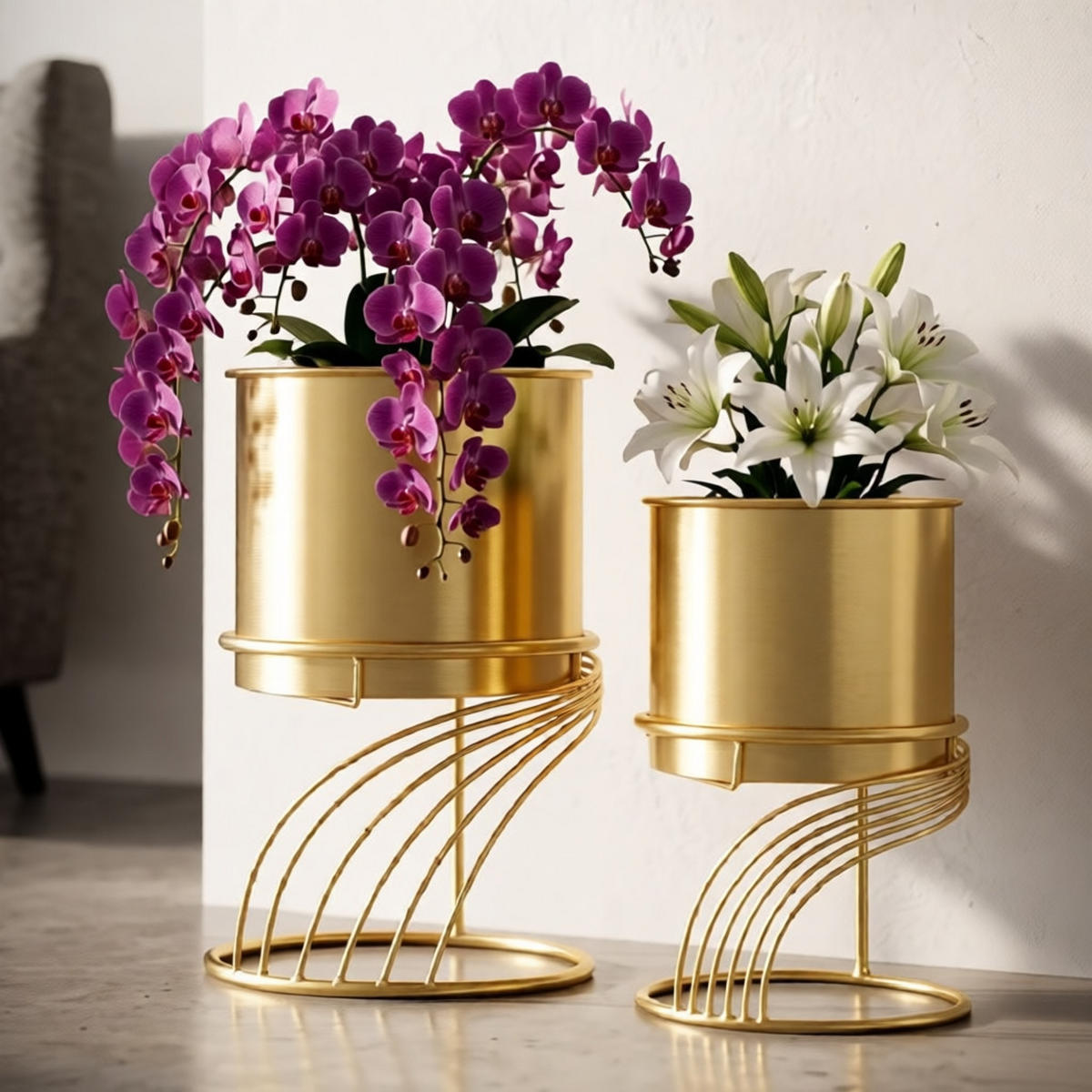 PFLANZENSTÄNDER IM 2ER-SET Spirally, goldfarben, Eisen, Höhen 35 und 30 cm - Goldfarben, Metall (23/23/35cm) - Mauro Ferretti