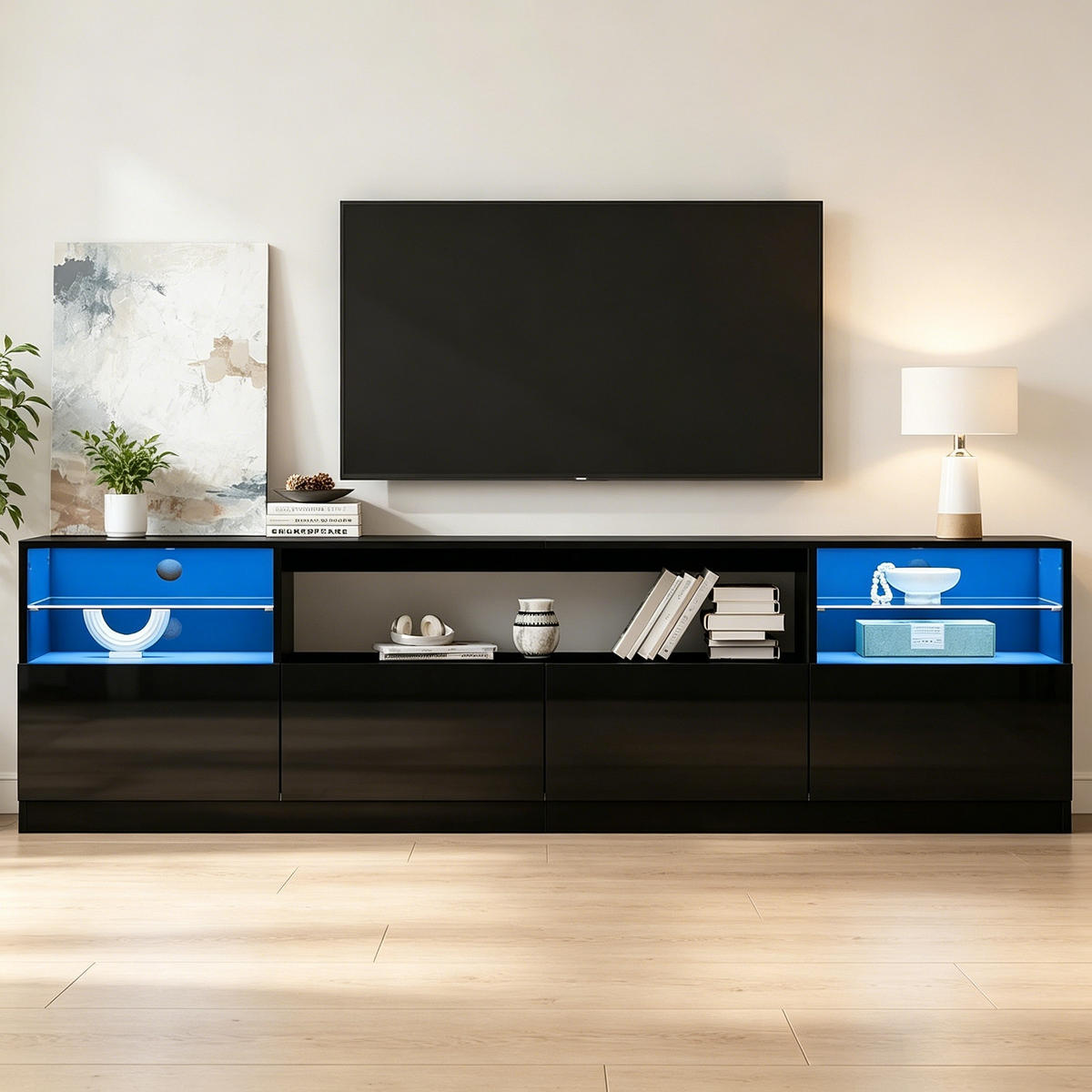 TV-ELEMENT 180/35/60 cm Hochglanz Schwarz mit LED-Beleuchtung und 4 Türen - Schwarz, Holzwerkstoff (35/60/180cm) - Korfee