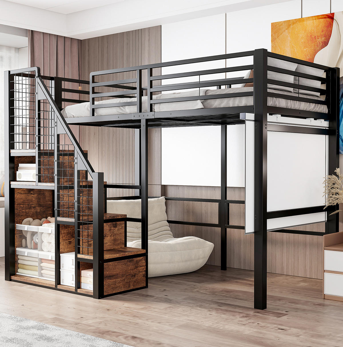 HOCHBETT 90/200 cm in Schwarz mit Stauraum und Treppe - Schwarz, Metall (90/200cm) - Flora Grace