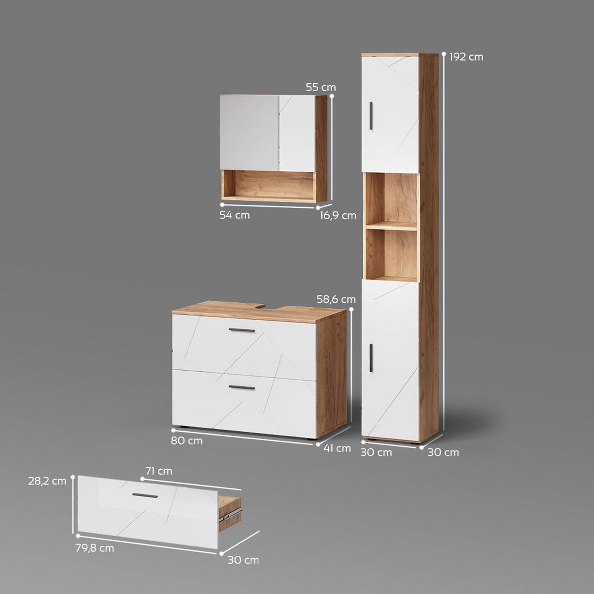 BADMÖBEL-SET Ronco Weiß Hochglanz/Goldkraft Eiche 3 Teile, mit Schubladenschrank und Hochschrank - Honigeiche/Weiß Hochglanz, Holzwerkstoff (54/58/41cm) - Livinity®