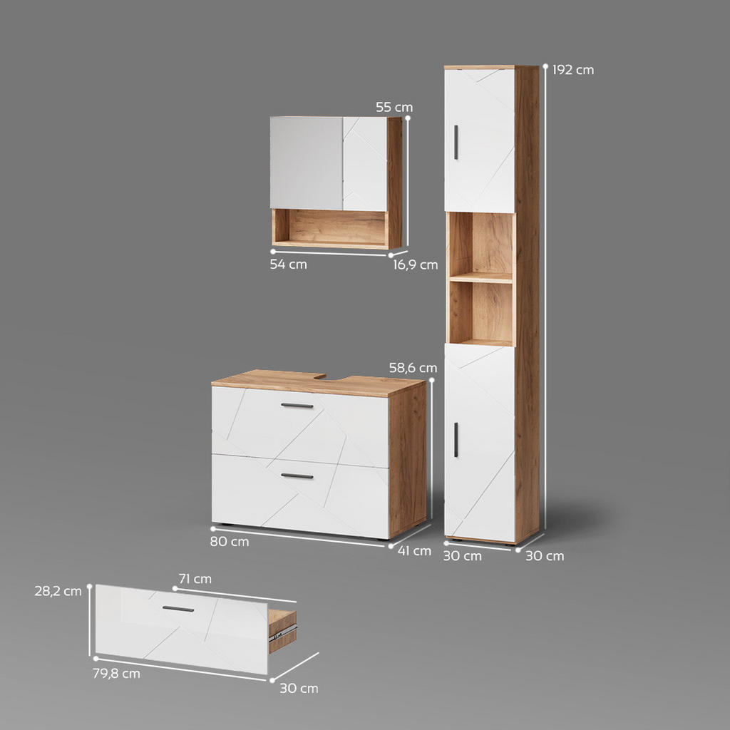 Thumbnail - Livinity® Badmöbel-Set, Weiß Hochglanz, Honigeiche, Holzwerkstoff, 11 Fächer, 2 Schubladen, Rechteckig, 54x58x41 cm, Bad...