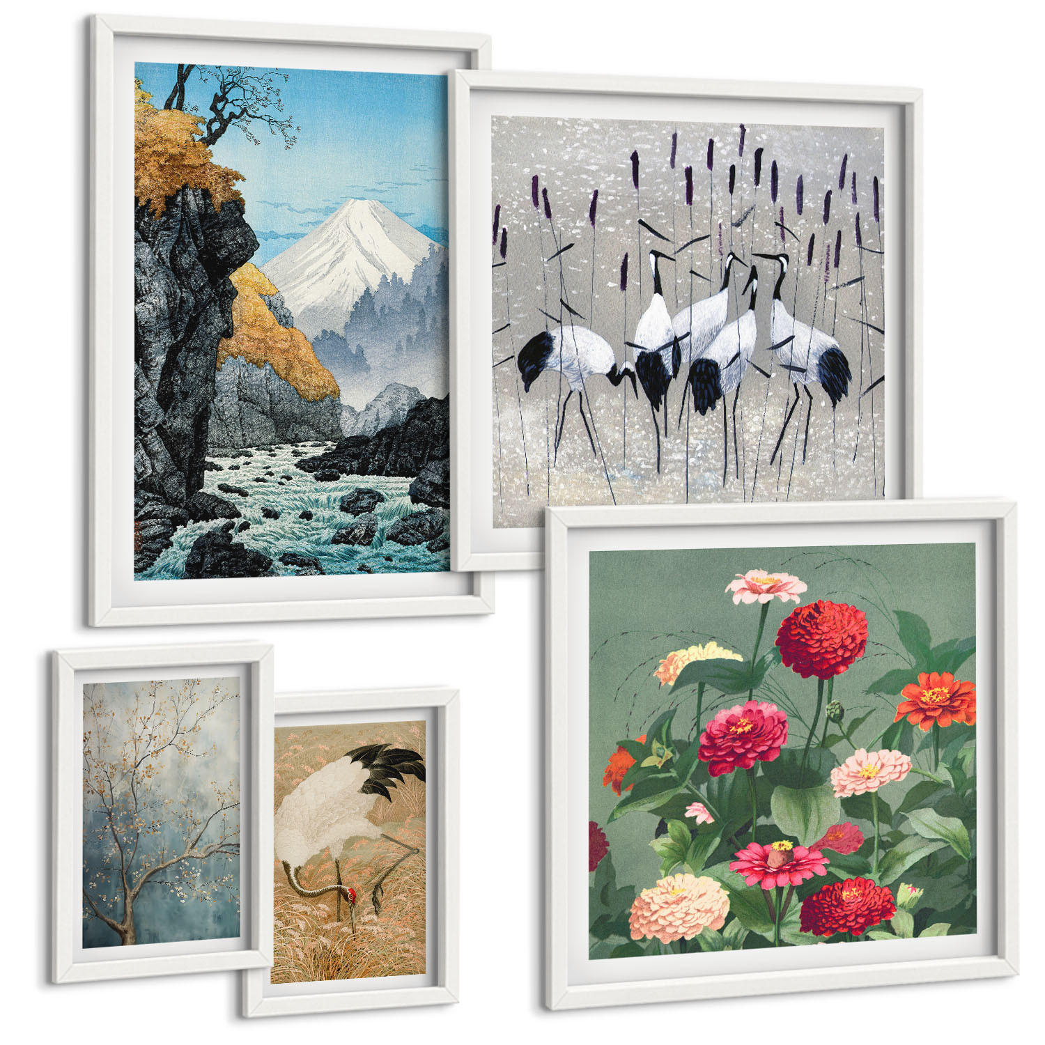 BILDER SET 5er Set - 50x50 cm & 20x30 cm & 40x60 cm Weißer Rahmen - Berge, Fluss, Blumen, Kraniche - Weiß, Kunststoff (40/60cm) - TULUP