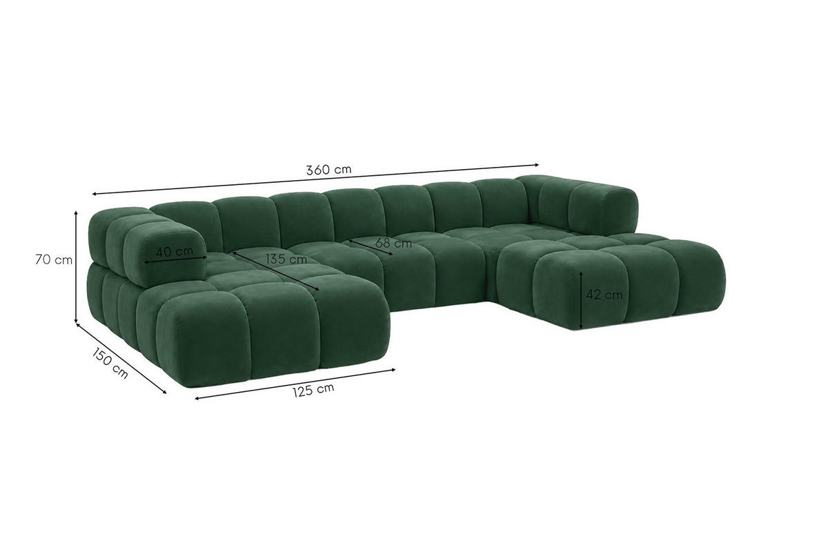 ROHOVÁ SEDAČKA ve tvaru U, velurová tkanina Bluvel, Zelená, Averro U - zelená barva, dřevo (360/70/150cm) - Kaiser Möbel