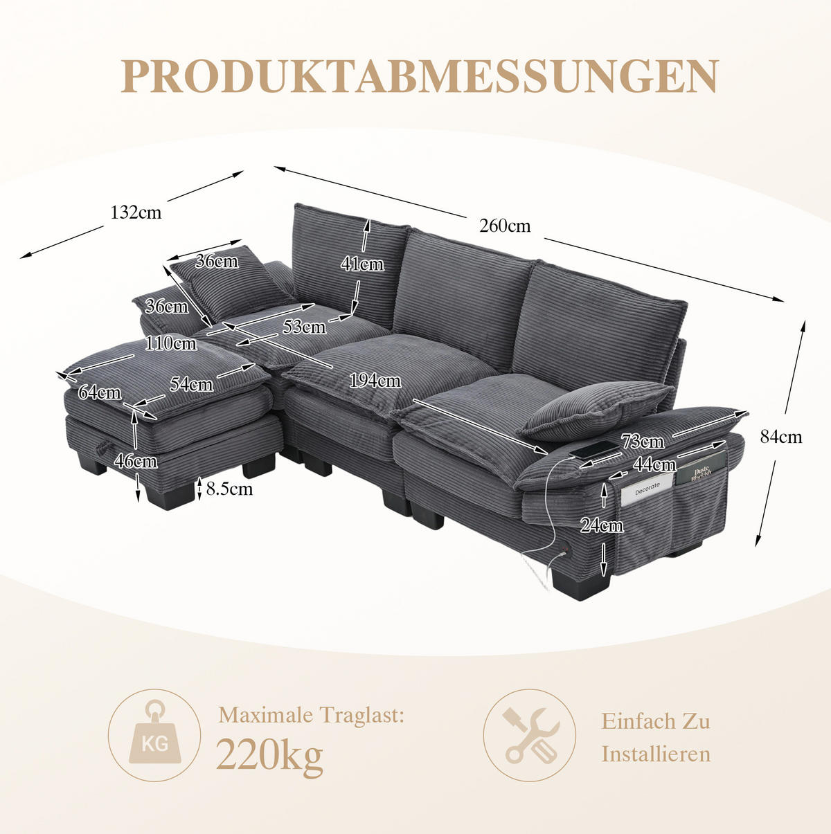 ECKSOFA 260/132/84 cm dunkelgrau aus Cord mit Hocker und USB-C - Dunkelgrau, Textil (132/260cm) - OKWISH