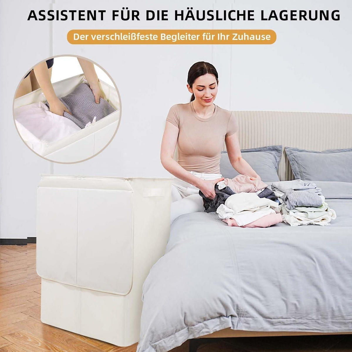 WÄSCHEKORB mit Deckel 160L 3 Fächer Beige - Weiß, Textil (39/69/59cm)