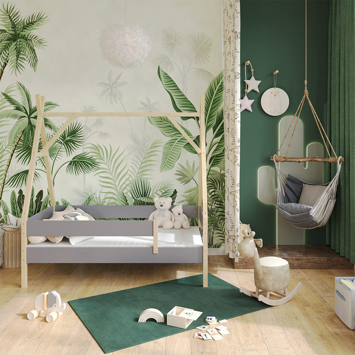 TIPI-BETT Bali Grau 80x160 cm mit Matratze - Grau, Holz - VitaliSpa