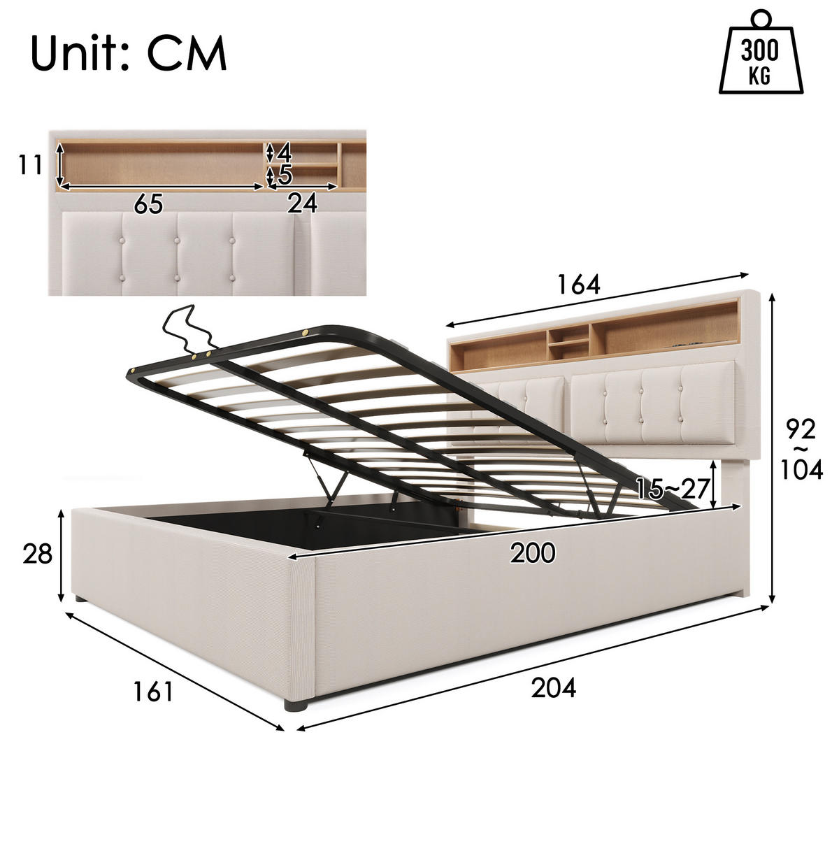 POLSTERBETT 160/200 cm mit Bettkasten, USB-C und verstellbarem Kopfteil - Beige, Textil (160/200cm) - BEAOK