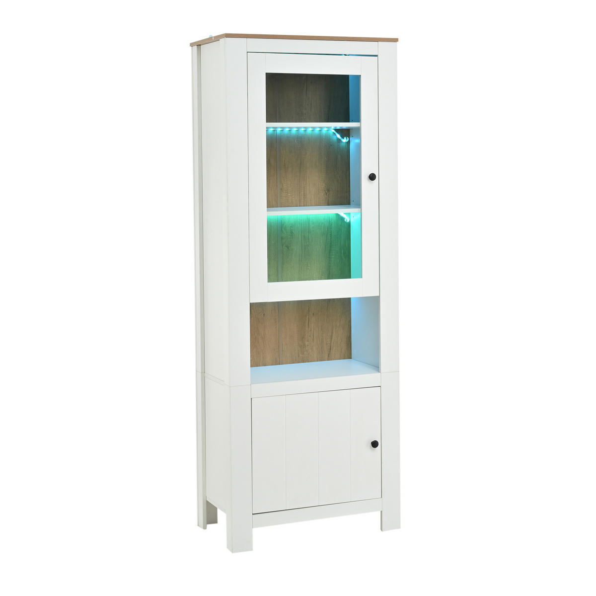 BUFFET mit Glastür und LED Hochschrank mit Stauraum für Wohnzimmer Weiß Natur 70x40x188 cm - Transparent/Weiß, Glas/Holzwerkstoff (70/188/40cm) - EVRYAE