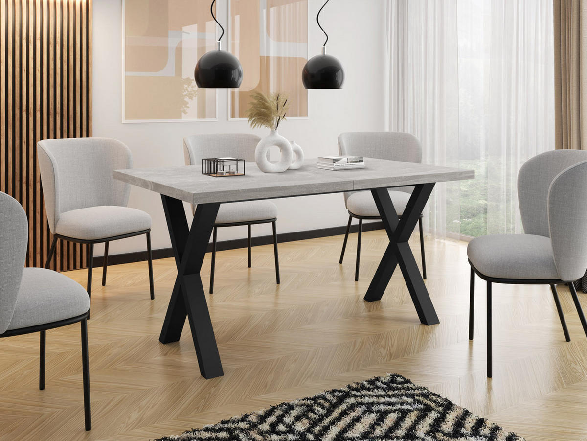 ESSTISCH Blake rechteckig ausziehbar, Grauer Beton 120-220/80/76 cm - Hellgrau/Schwarz, Holzwerkstoff/Metall (120/80/76cm) - WFL GROUP