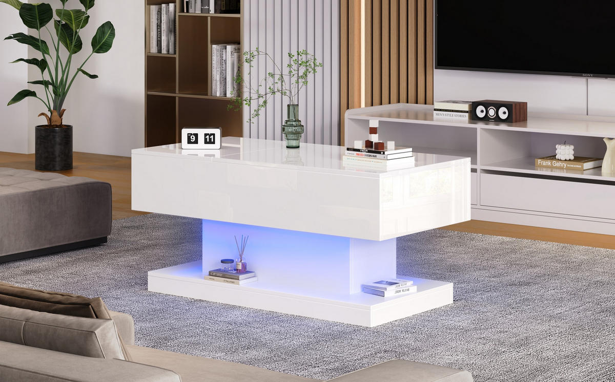COUCHTISCH 100/50/45 cm in Weiß mit Hochglanz, LED-Beleuchtung und Stauraum - Weiß, Holzwerkstoff (100/50/45cm) - Flora Grace