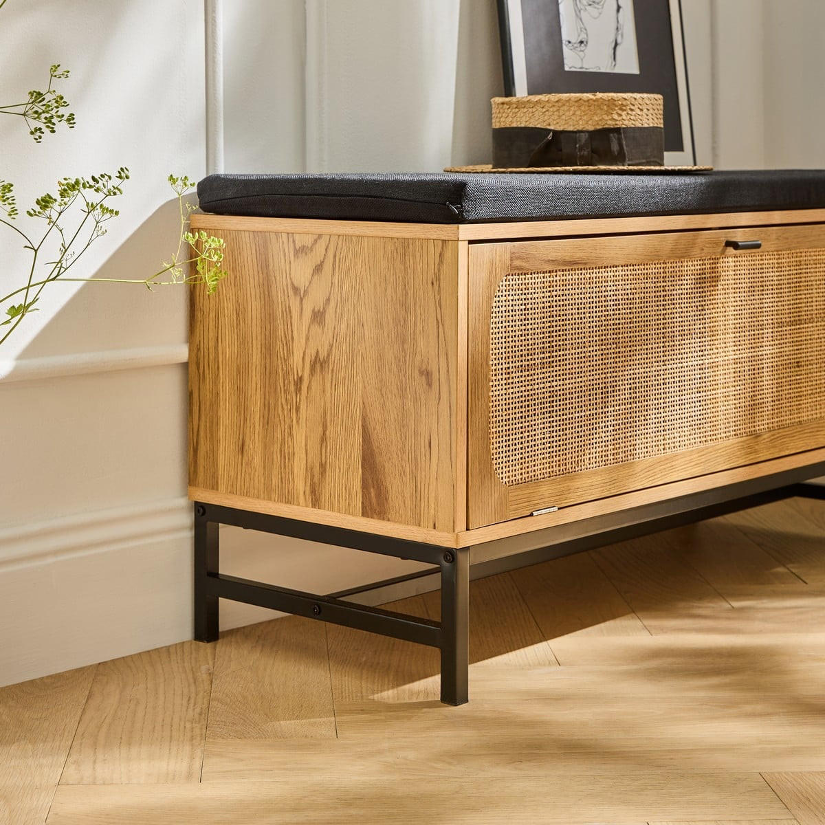 BANK mit Schuhablage und Rattanfront - L100 cm - Apfelbaumfarben, Holzwerkstoff (38/47/100cm) - Calicosy