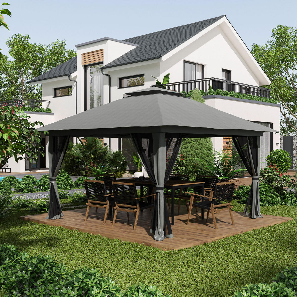 FALTPAVILLON 4x4m mit UV-Schutz und Netzwänden, Pop-Up, Doppeldach, wetterfest und dunkelgrau - Dunkelgrau, Metall (392/283/392cm) - Hauptrolle