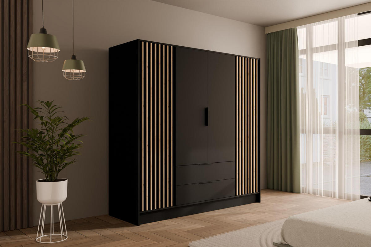 KLEIDERSCHRANK NELIA - 200 cm - Schwarz/Eiche Artisan, Holzwerkstoff (200/200/51cm) - ALTDECOR
