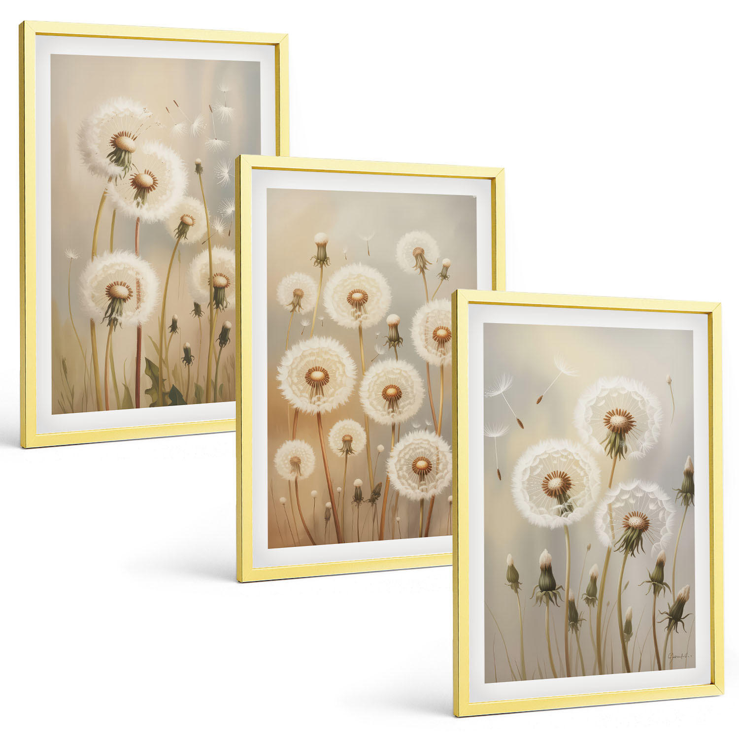 BILDER SET 3er Set - 40x60 cm Goldrahmen - Weiße Löwenzahnblüten auf hellem Hintergrund - Goldfarben, Kunststoff (40/60cm) - TULUP