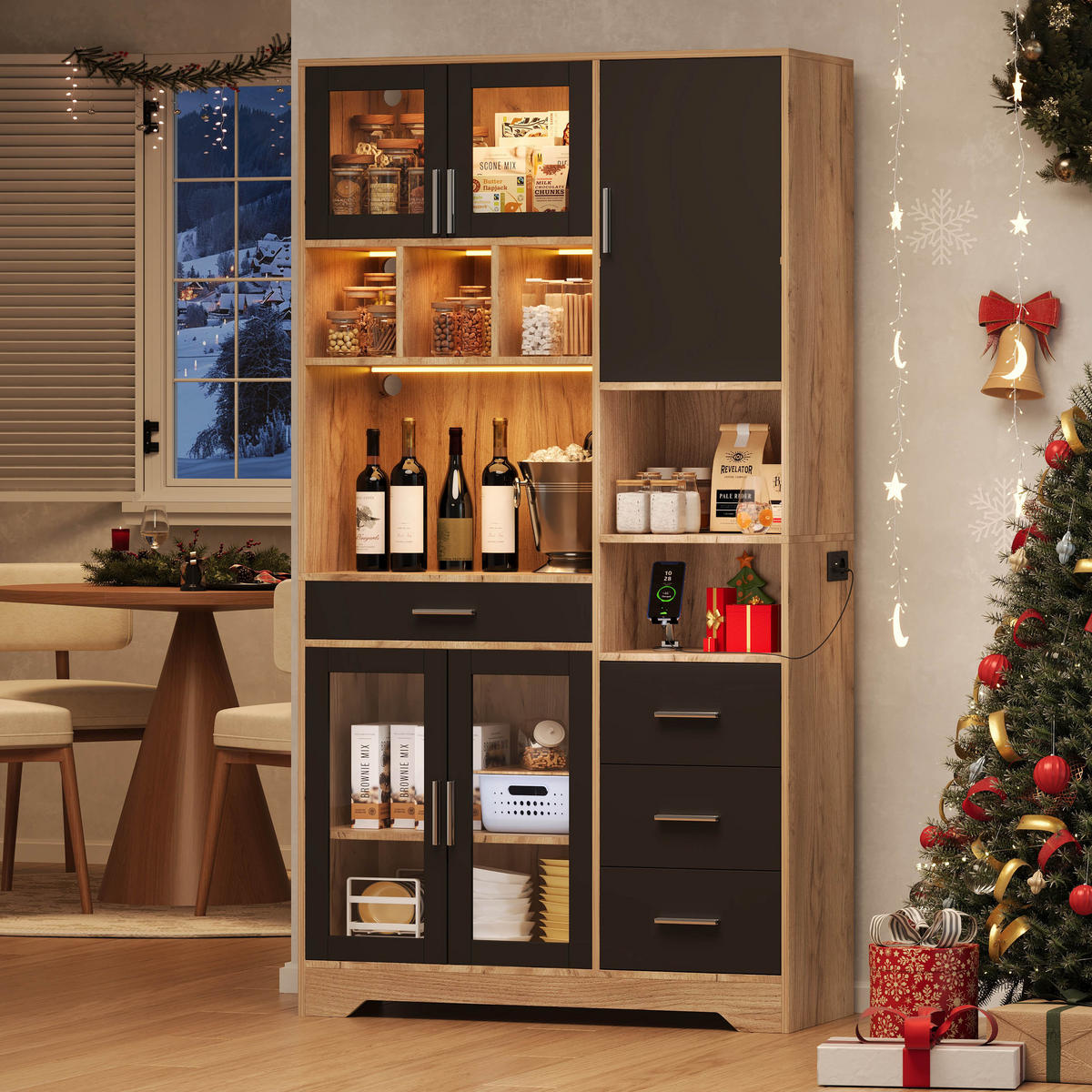BUFFETSCHRANK 40/100/185 cm schwarz/natur aus MDF mit LED - Schwarz, Holzwerkstoff (100/185/40cm) - OKWISH