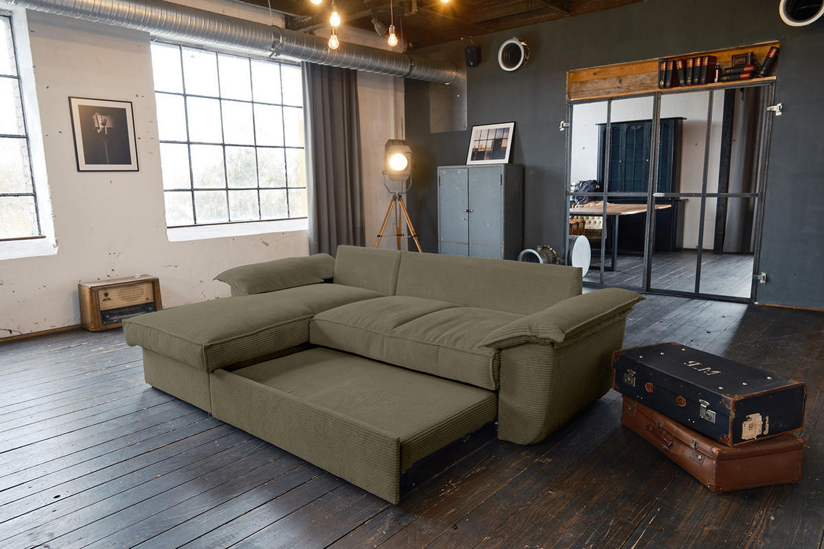 ECKSOFA DAMETO Grün Cord - Schwarz/Olivgrün, Kunststoff/Textil (266/174cm) - KAWOLA