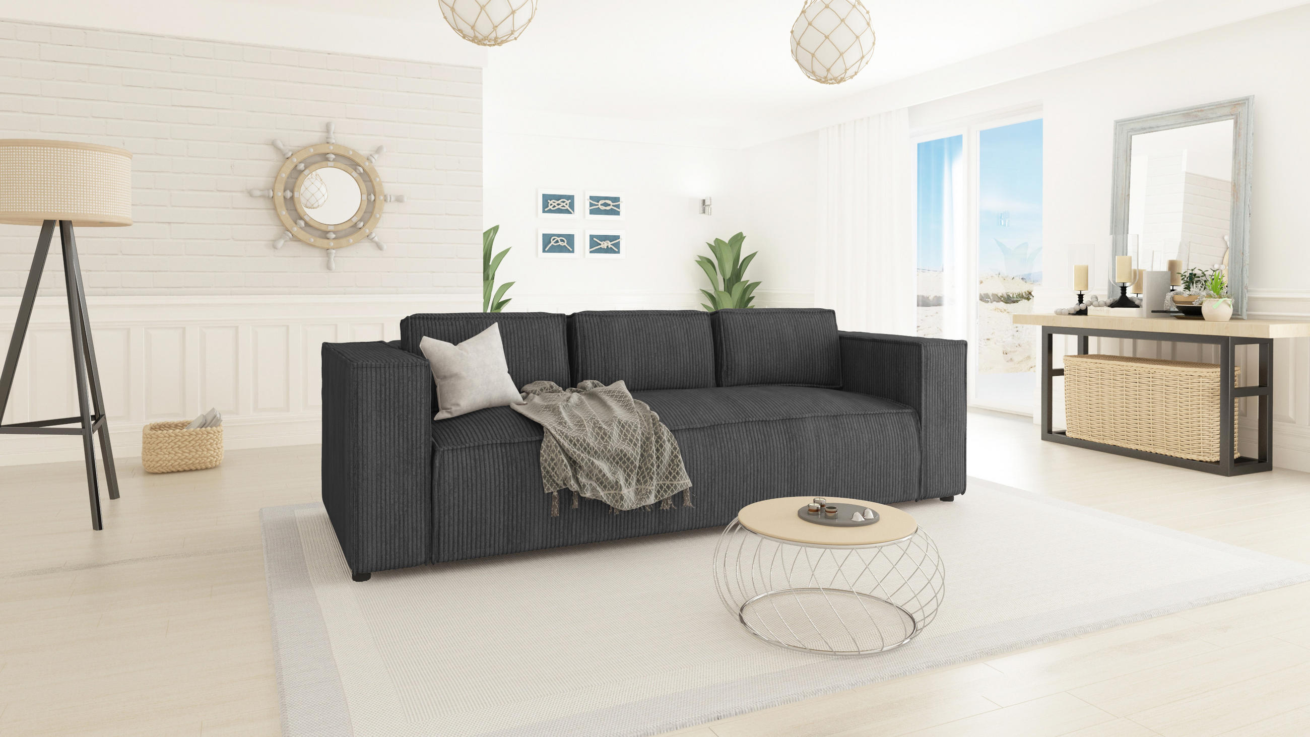 3-SITZER-SOFA Nova Grau Cord - Schwarz/Grau, Holz/Kunststoff (230/64/92cm) - S-Style Möbel
