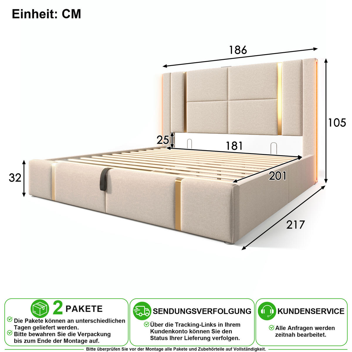 POLSTERBETT 180/200 cm in Beige Leinen mit Bettkasten, LED, USB und Type-C - Beige, Holzwerkstoff/Textil (180/200cm) - CHICFURN
