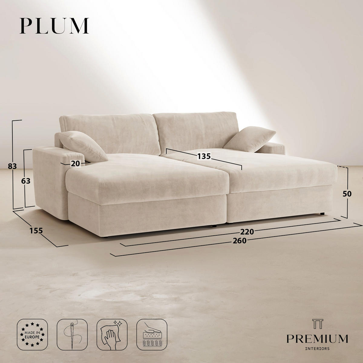 SOFA PLUM Samt Schwarz 260cm - Schwarz, Textil (260/83/155cm) - Premium Interiors