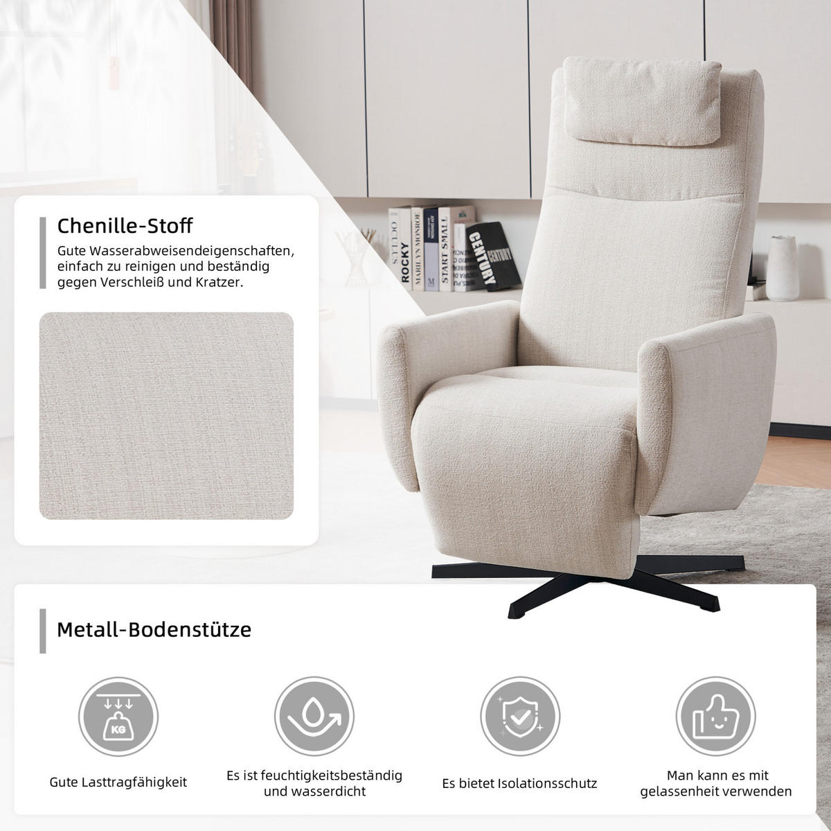 RELAXSESSEL Chenille mit Liegefunktion und 360° Drehfunktion 67/80.5/110 cm Beige - Beige, Textil (80.5/110/67cm) - Redom