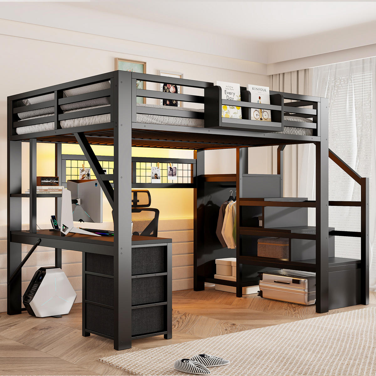 HOCHBETT 140/200 cm in Schwarz mit 3 Schubladen, Stauraum, Schrank, LED und Schreibtisch aus Metall und MDF - Schwarz, Holzwerkstoff/Metall (140/200cm) - STILVORA
