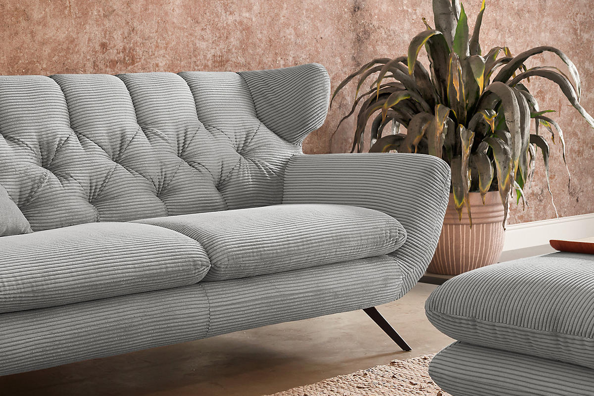 SOFA CHARME Grau Cord - Hellgrau/Schwarz, Textil/Metall (225/94/95cm) - KAWOLA