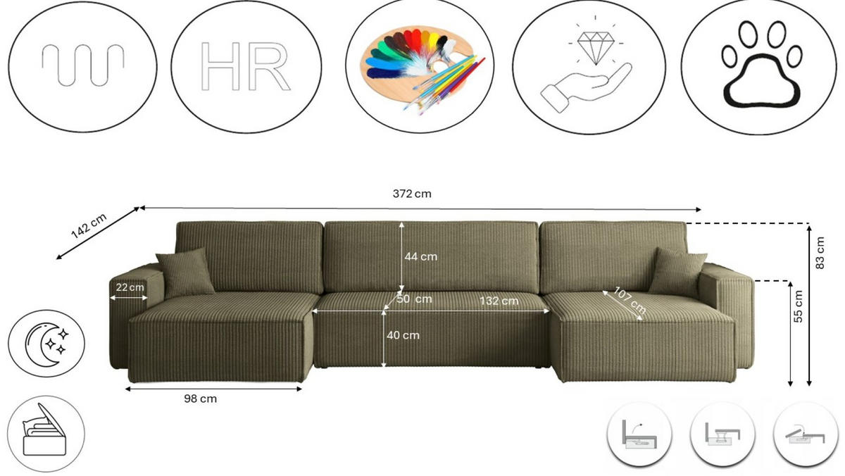 ECKSOFA Mit Schlaffunktion Und Bettkasten BEST U XL Stoff Poso Olive - Olivgrün, Holz (142/372cm) - Kaiser Möbel