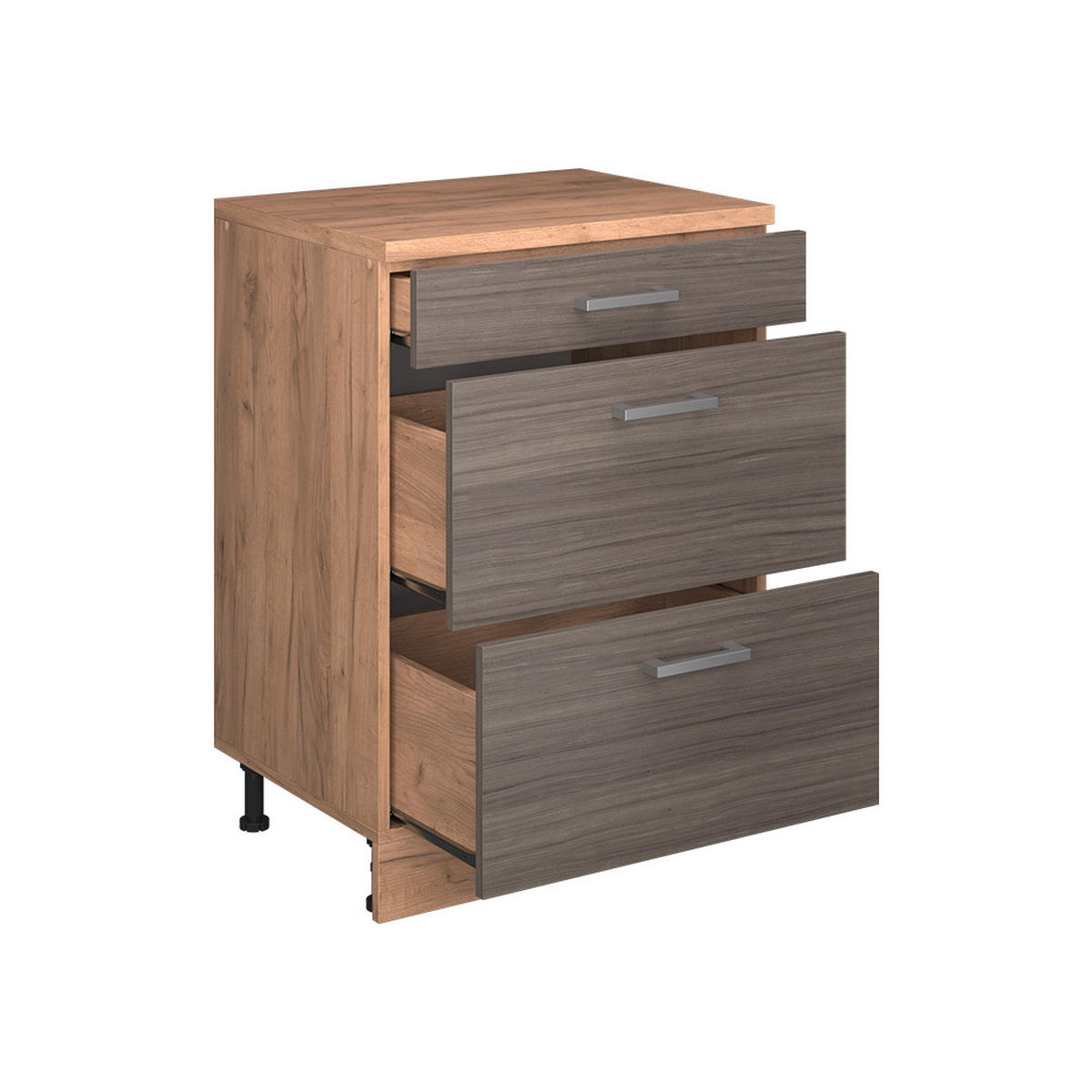 KUHINJSKA OMARA ZA POŠEVNE STREHE R-Line, Žlahtna siva, 60 cm brez naklona z 3 predaloma - siva/medeni hrast, leseni material (60/83.8/46cm) - Vicco