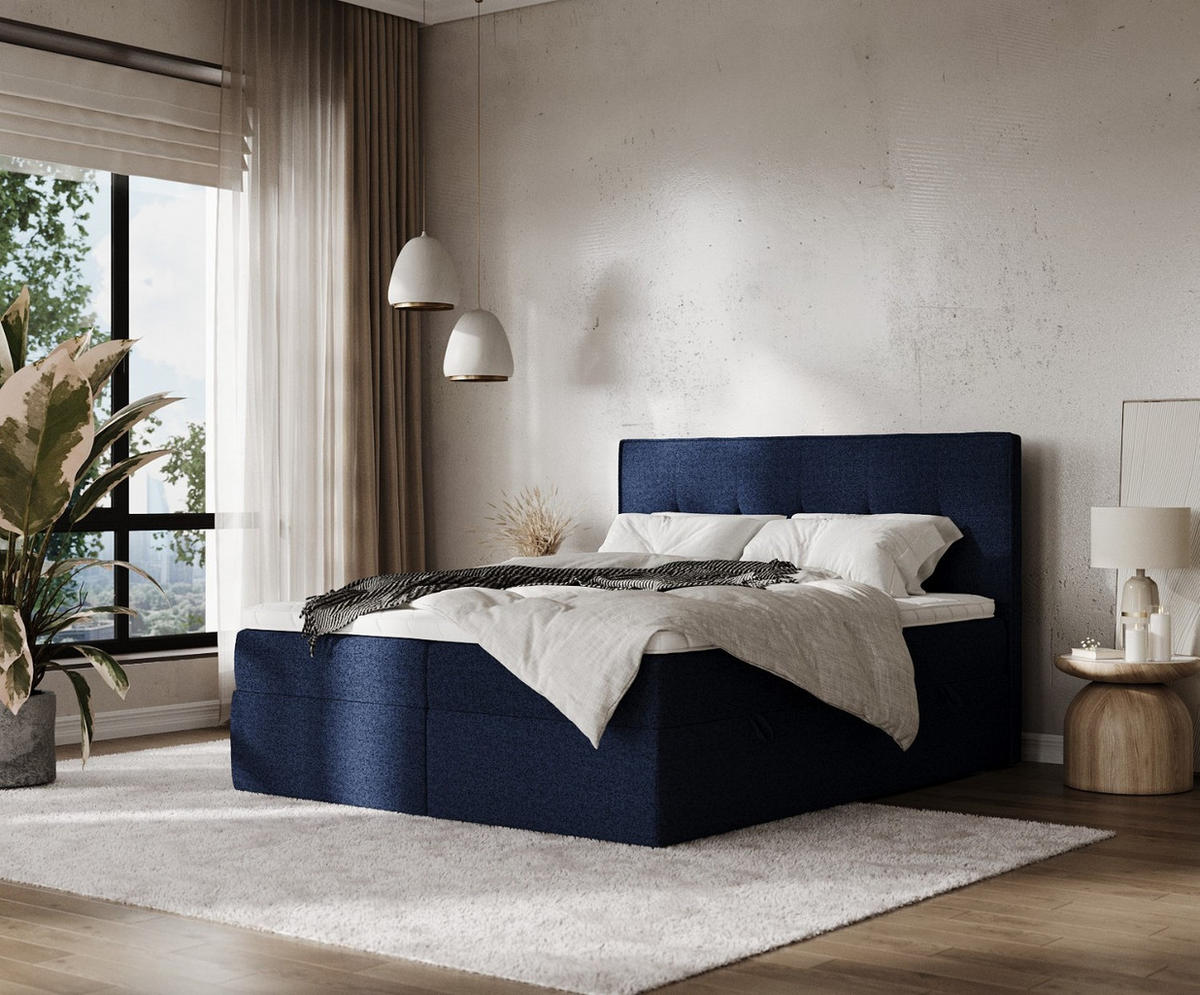 BOXBETT Mireo 140/200 cm Marineblau im Riva Stoff - Schwarz/Dunkelblau, Holz/Holzwerkstoff (140/200cm) - AltaBeds