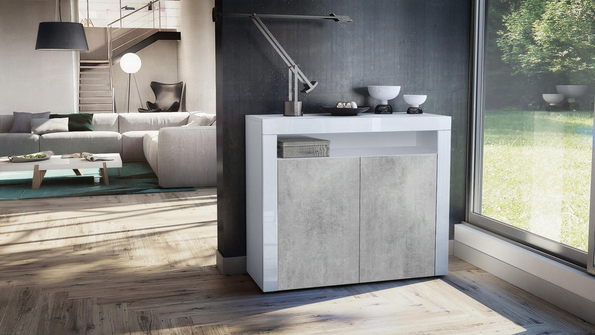 KOMMODE Valencia Beton Oxid Optik/ Weiß Hochglanz - Hellgrau, Holzwerkstoff (108/92/40cm) - Vladon