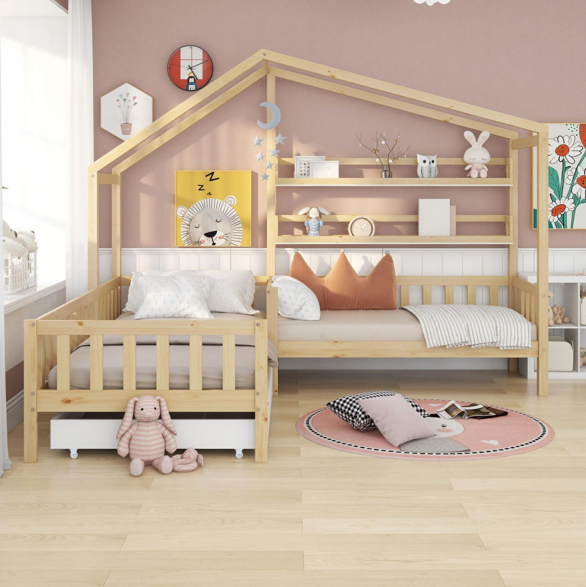 HAUSBETT 90/200 cm mit Seitenliege 140/70 cm, Schublade und Regalen, Natur - Naturfarben, Holz (90/200cm) - Flora Grace