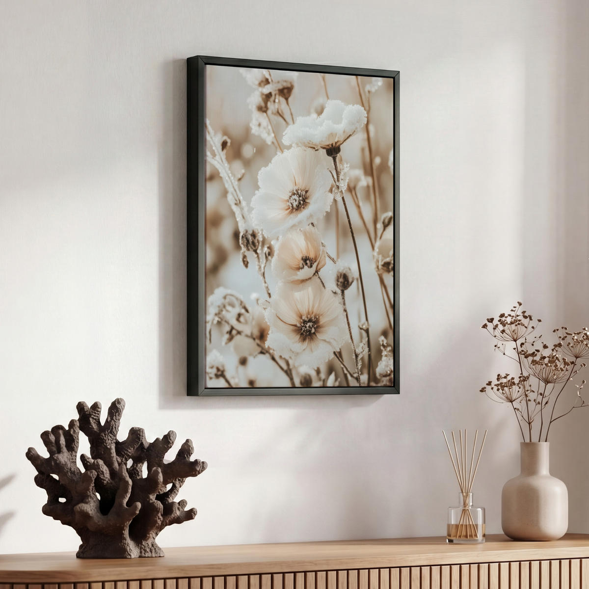 LEINWAND Bilder mit Rahmen - Blumen - Winter - Weiß - Schnee - Beige - 30x40 - Creme, Textil (30/40cm) - MuchoWow