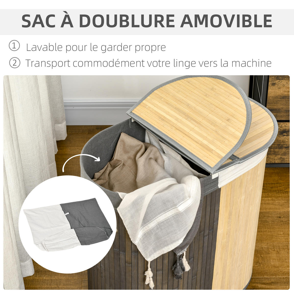 WÄSCHEKORB DE-18794 Grau - Grau, Naturmaterialien (62.5/60.5/37cm) - ComfortXL